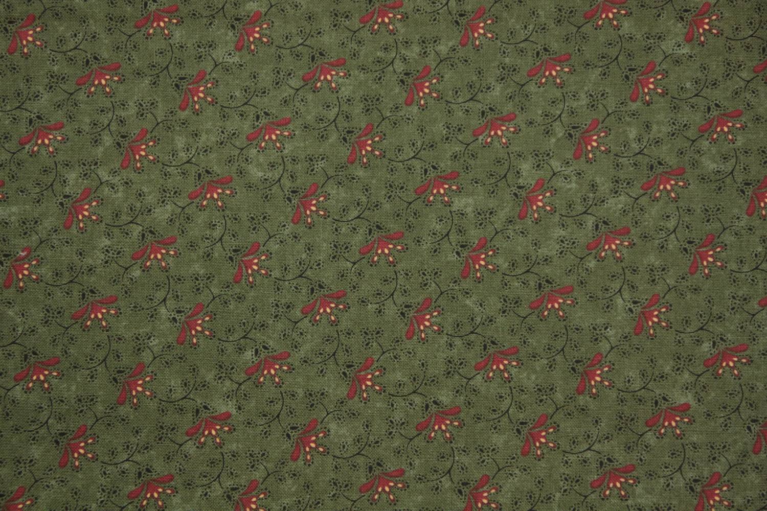 quiltstof-donker legergroen met rood blo