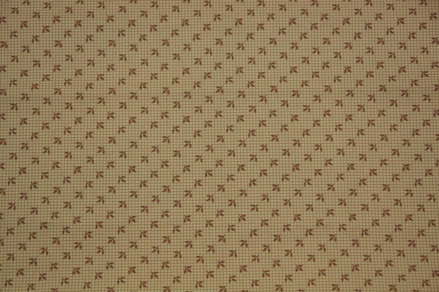 quiltstof-ecru-bruine blaadjes op ruitje