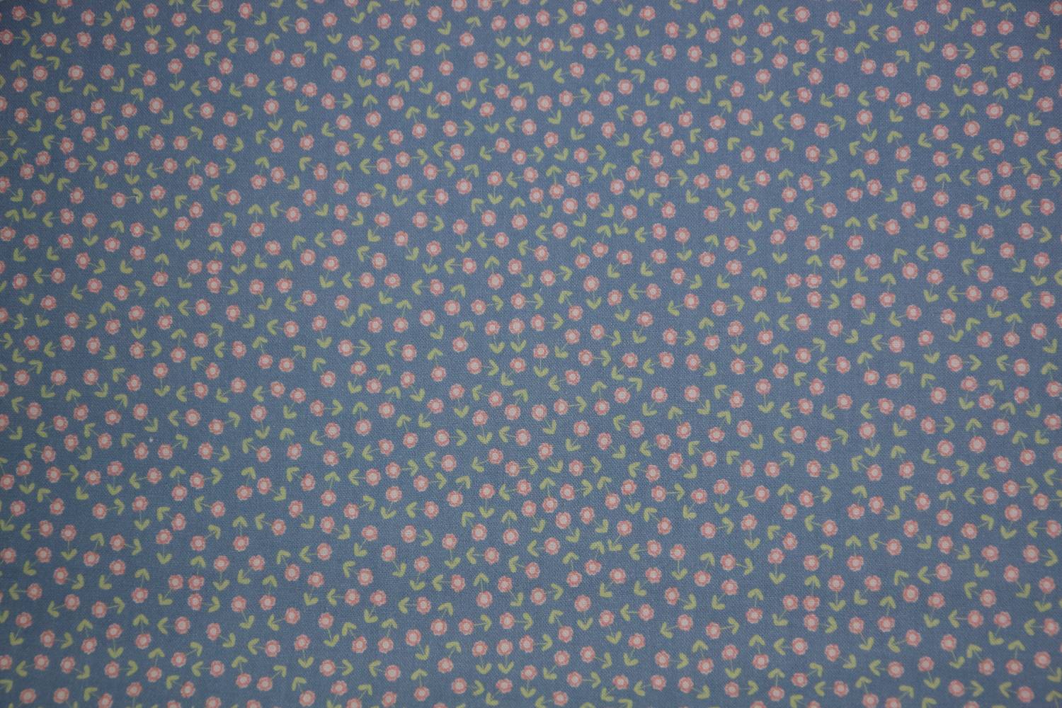 quiltstof-Oudblauw met roze bloemsteeltj