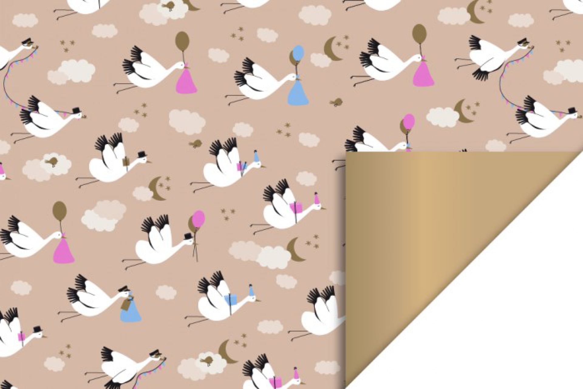 HOP inpakpapier baby bird ooievaar gold