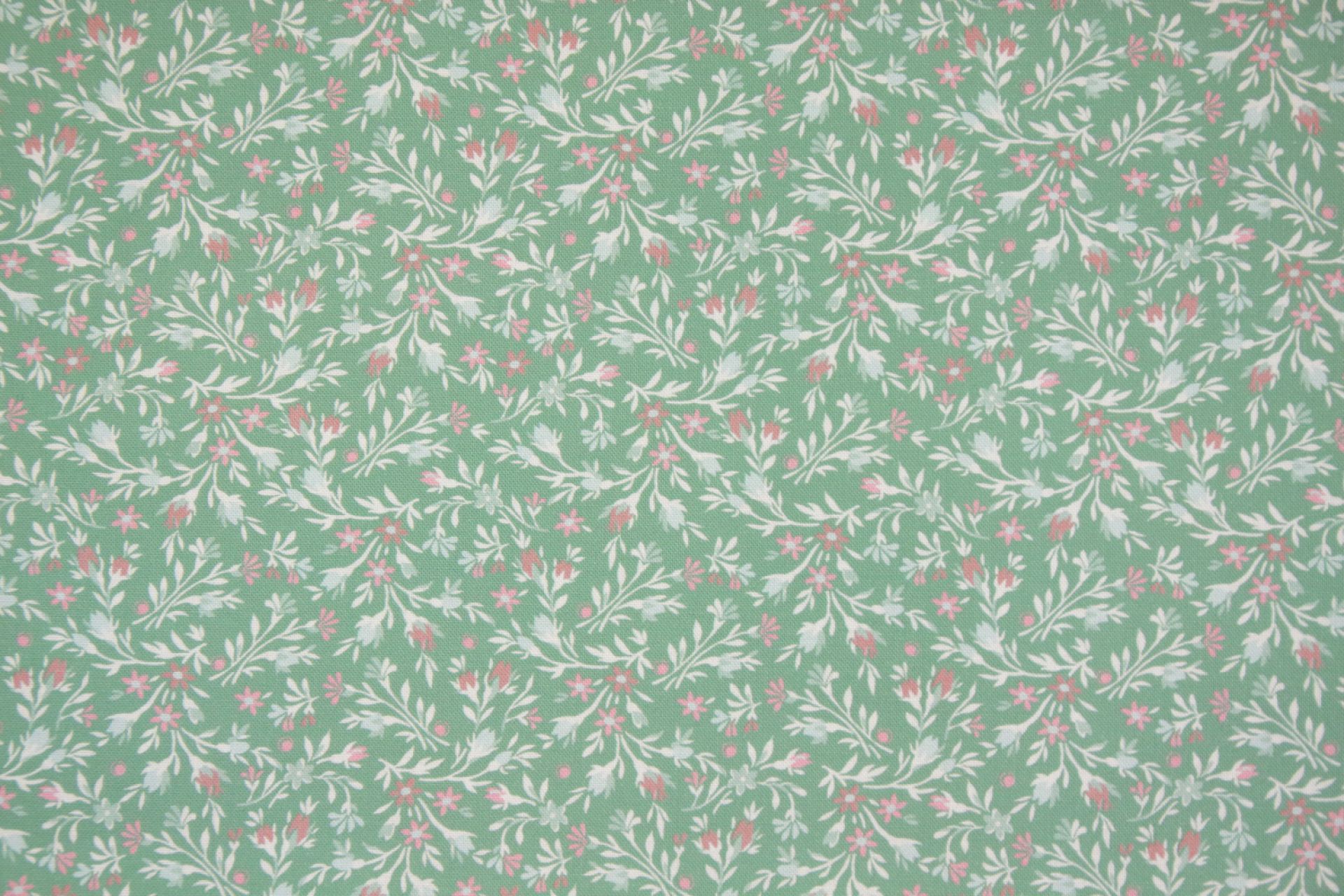 quiltstof-Groen met bloemetjes in roze e