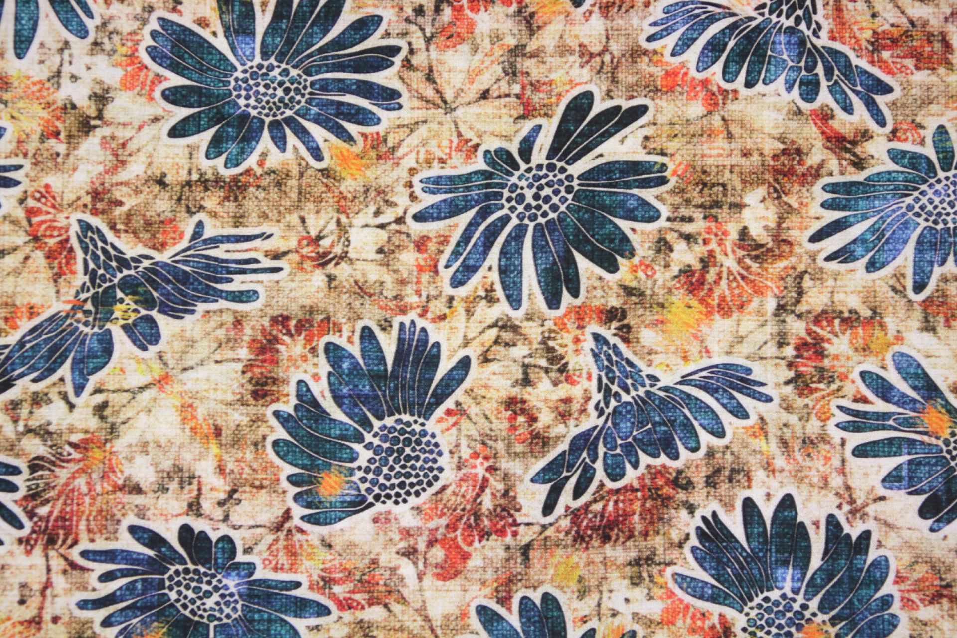 quiltstof-Blauwe bloemen op een meerkleu