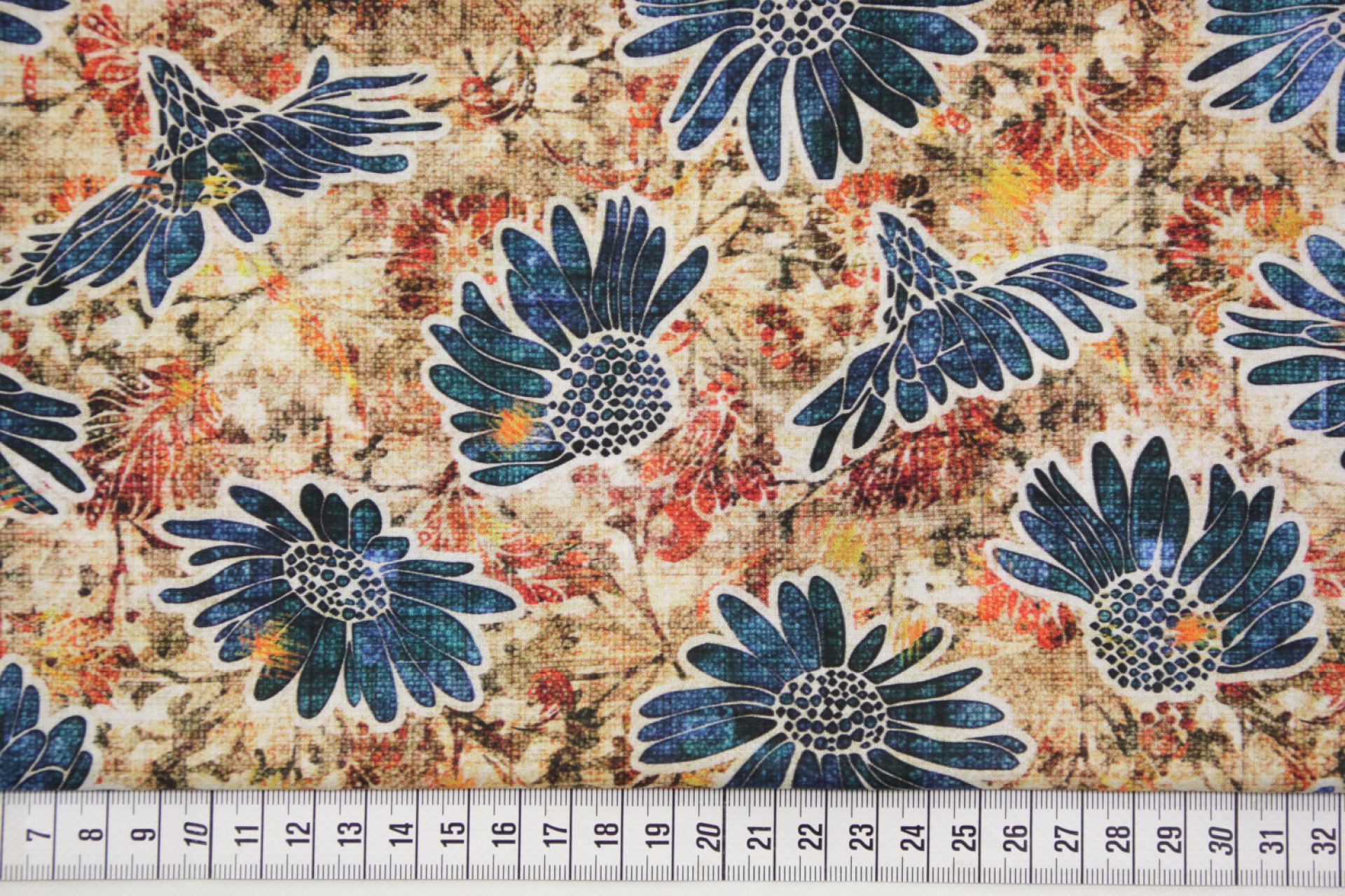 quiltstof-Blauwe bloemen op een meerkleu