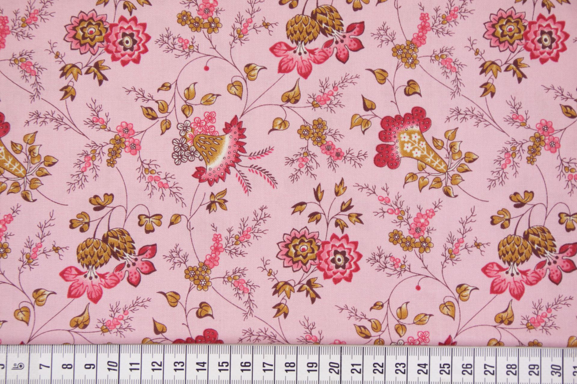 quiltstof-Roze, bloemen in rood en donke
