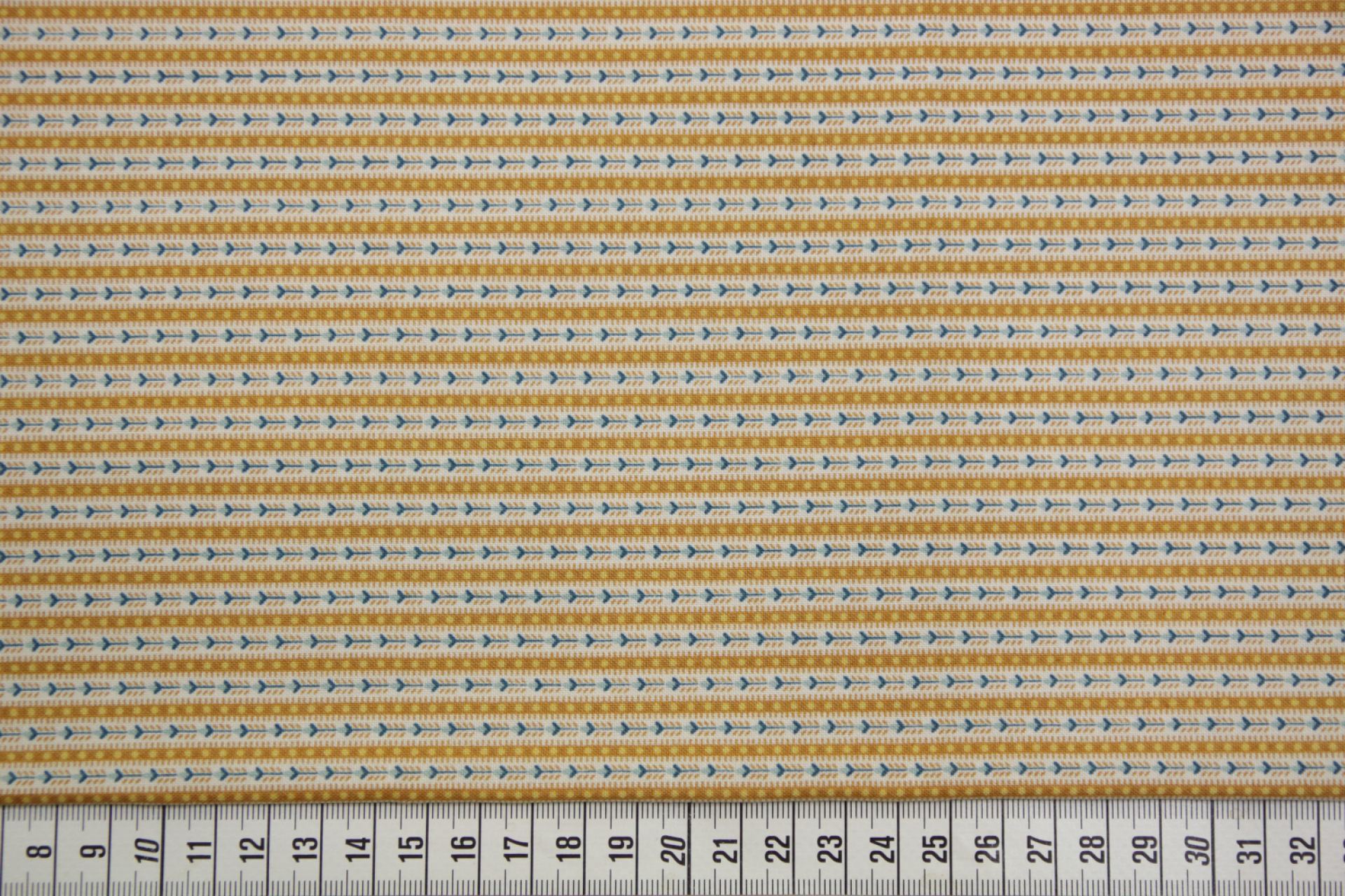 quiltstof-Okergeel gestreept met blauw b