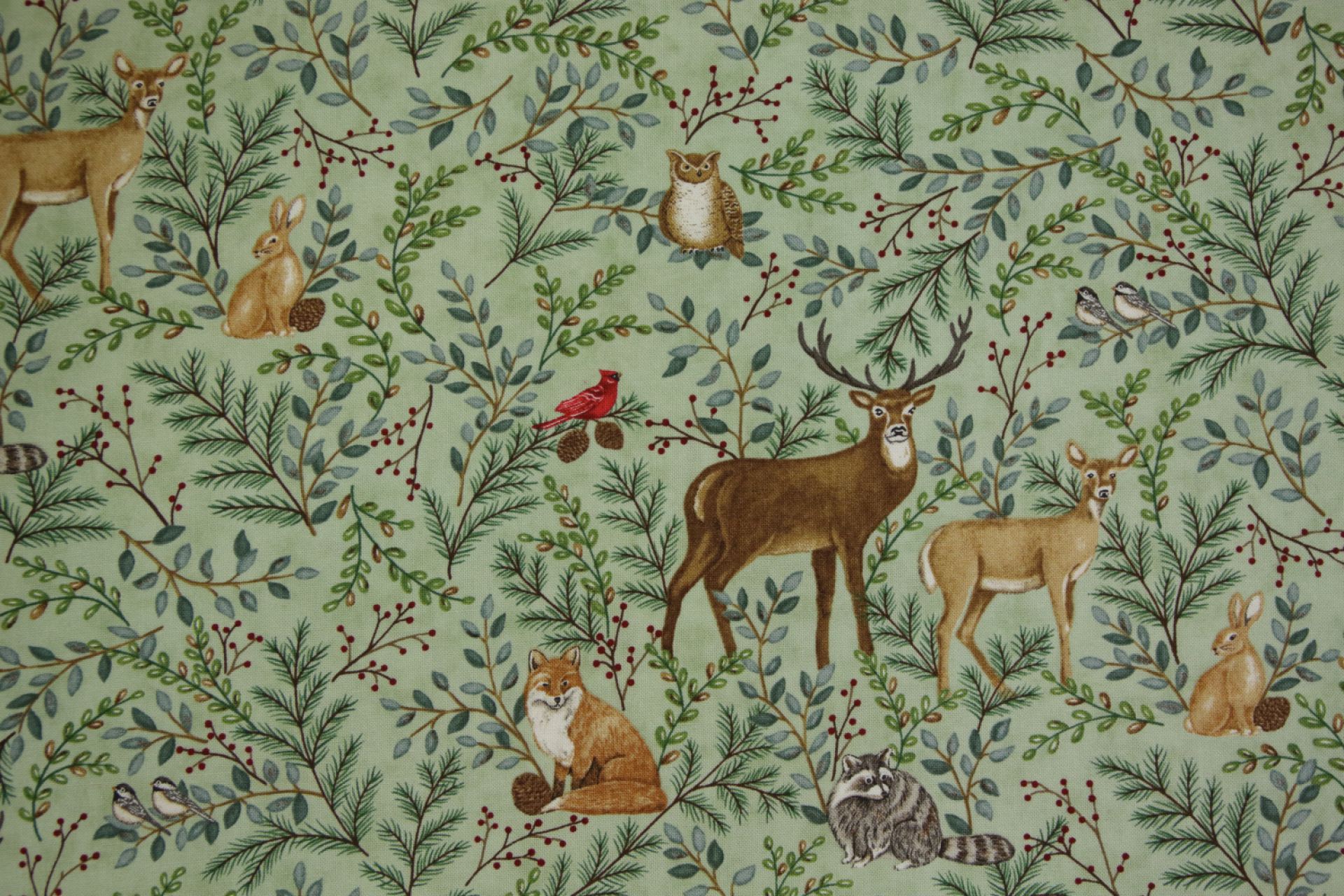 quiltstof-Zacht mintgroen met bosdieren-