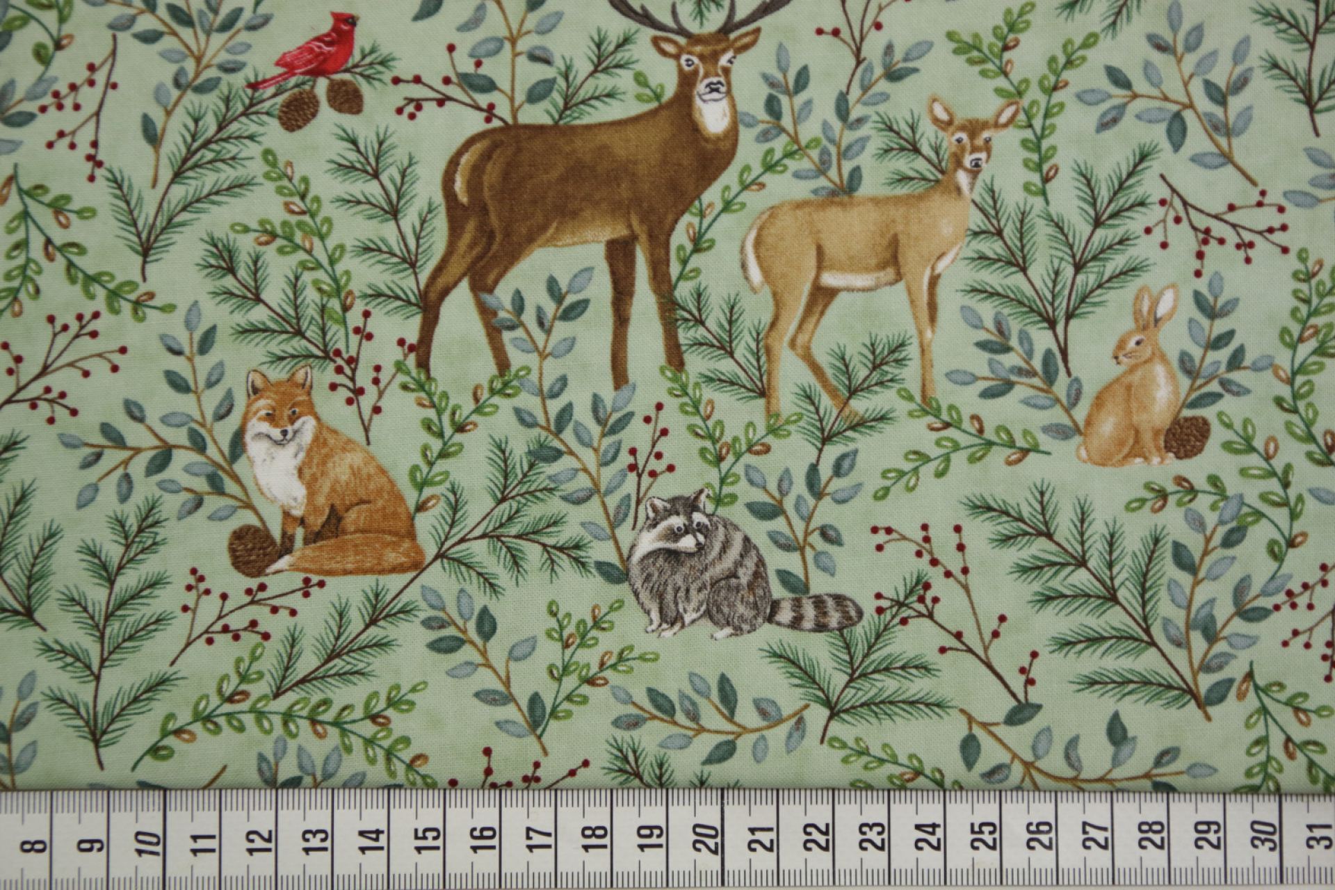 quiltstof-Zacht mintgroen met bosdieren-