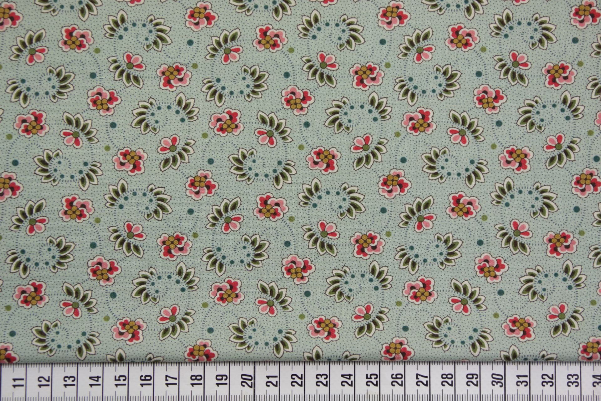 quiltstof-Licht turquoise met bloemetjes