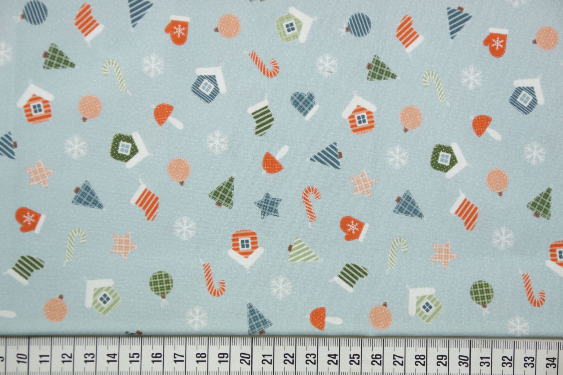 quiltstoffen-Grijsblauw met kerstafbeeld