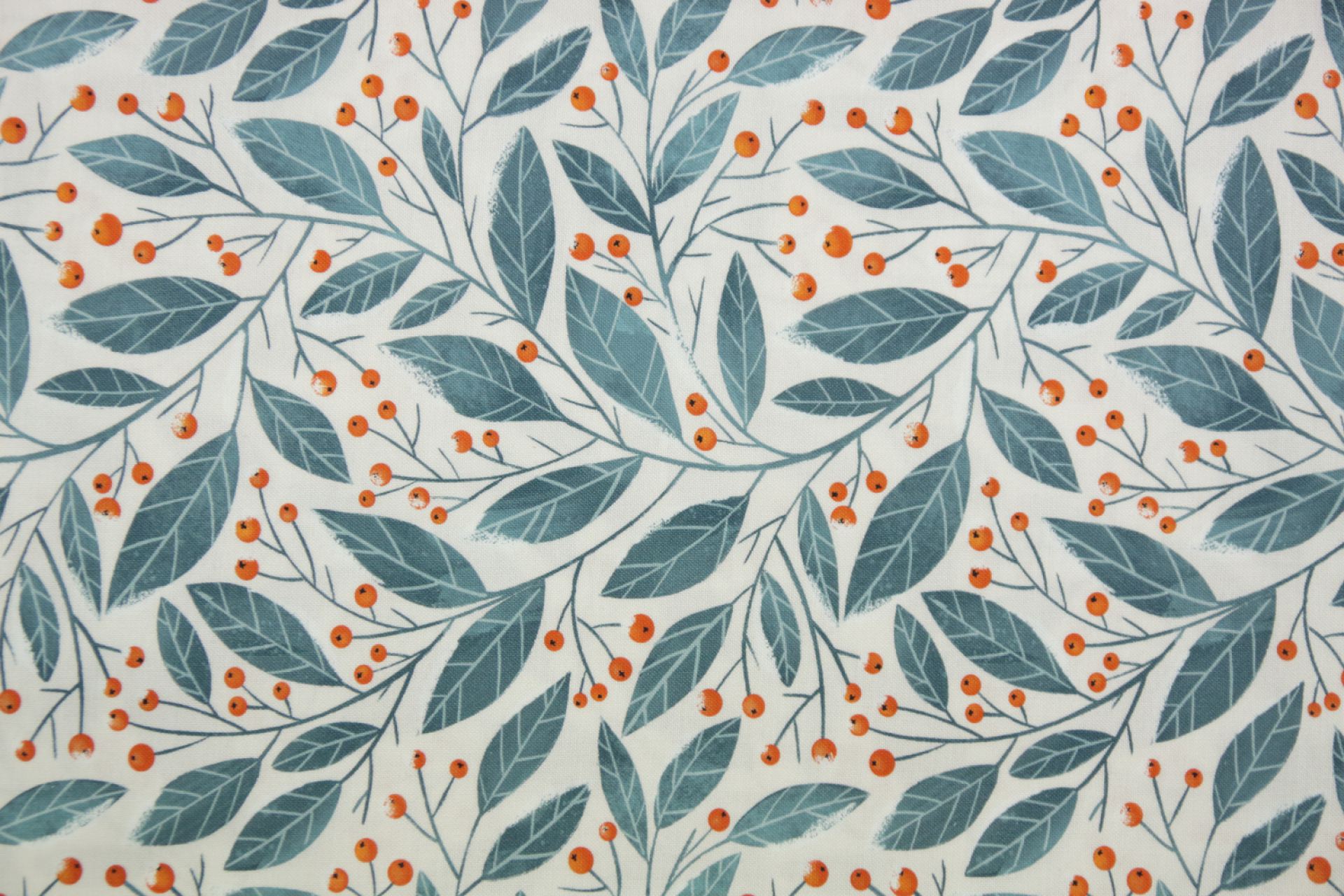 quiltstof-Ivoor petrol blaadjes en oranj