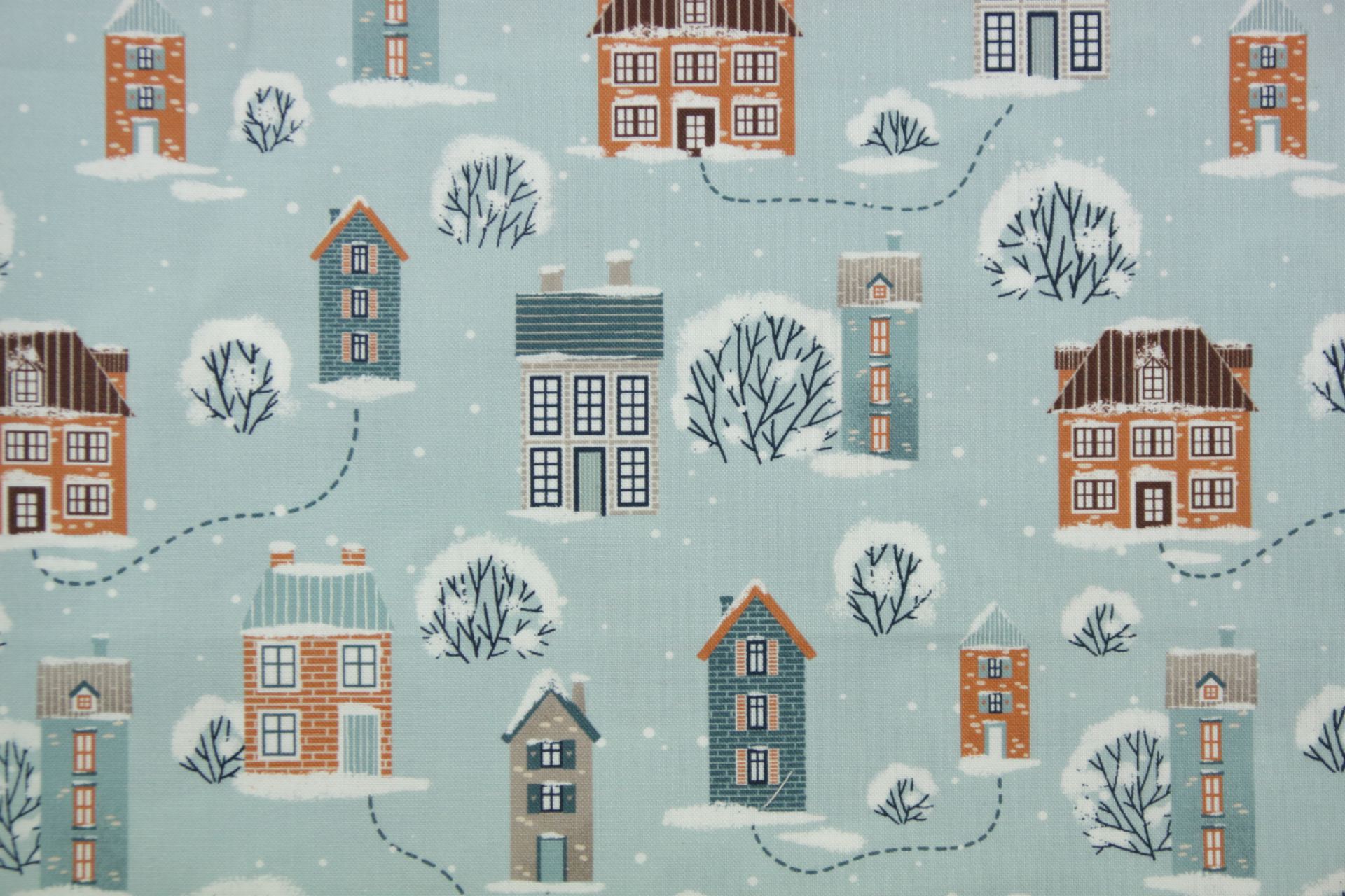 quiltstof-Grijsblauw met winter huisjes