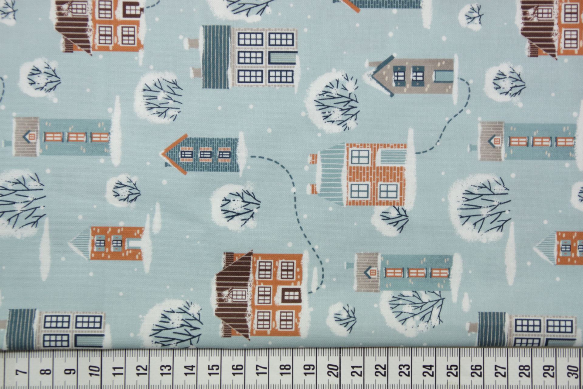 quiltstof-Grijsblauw met winter huisjes