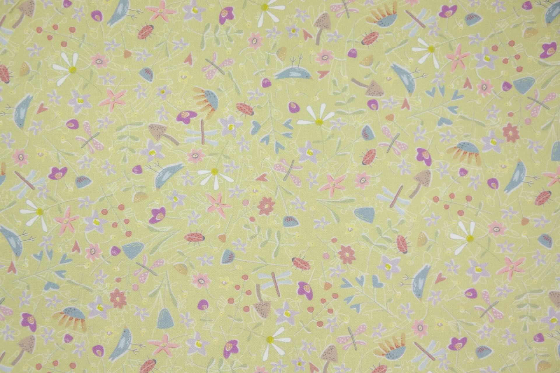 quiltstof-Geelgroen met  bloempjes en di